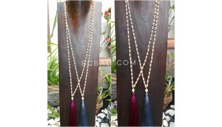 wood beige natural bead tassels necklace 4color ethnic design